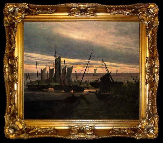 framed  Caspar David Friedrich Schiffe im Hafen am Abend, ta009-2